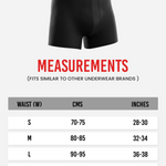 HIELABS Coolism Trunks size chart displaying waist measurements in centimeters and inches.