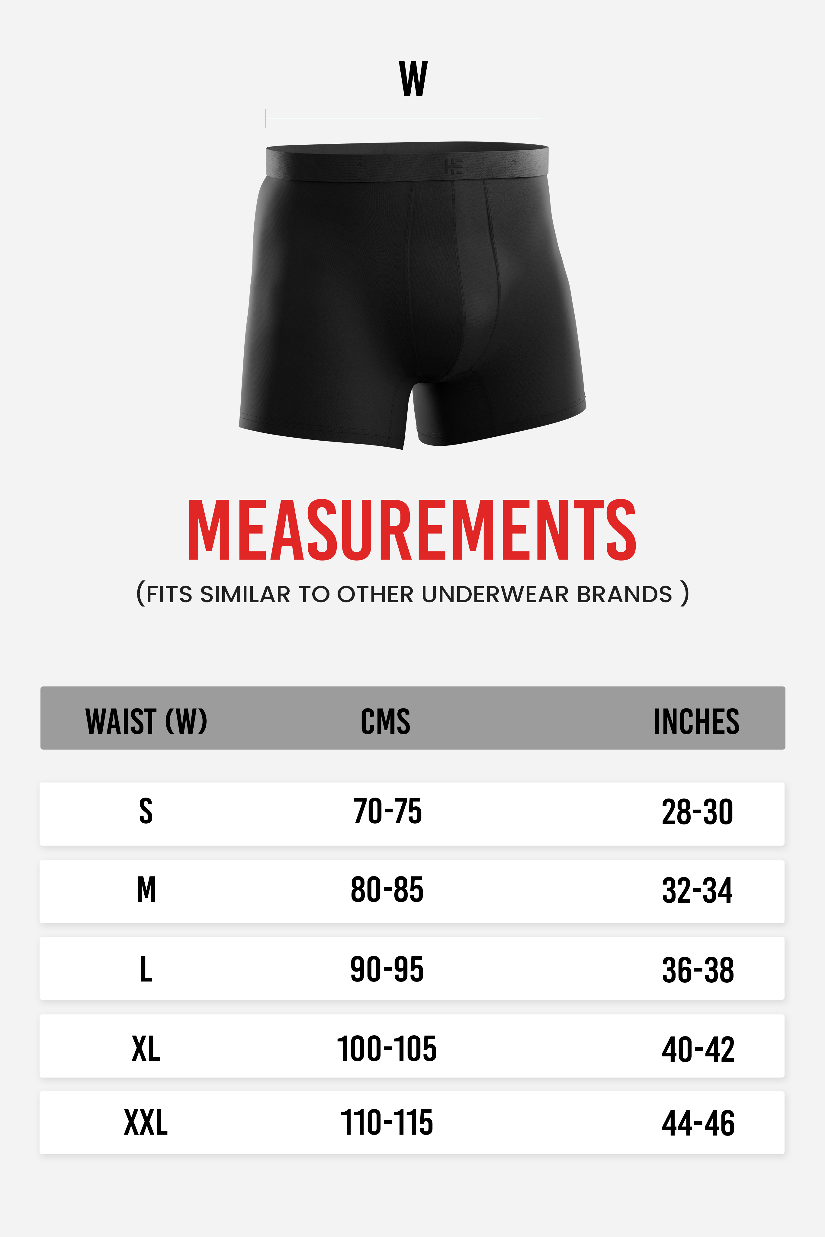 HIELABS Coolism Trunks size chart displaying waist measurements in centimeters and inches.