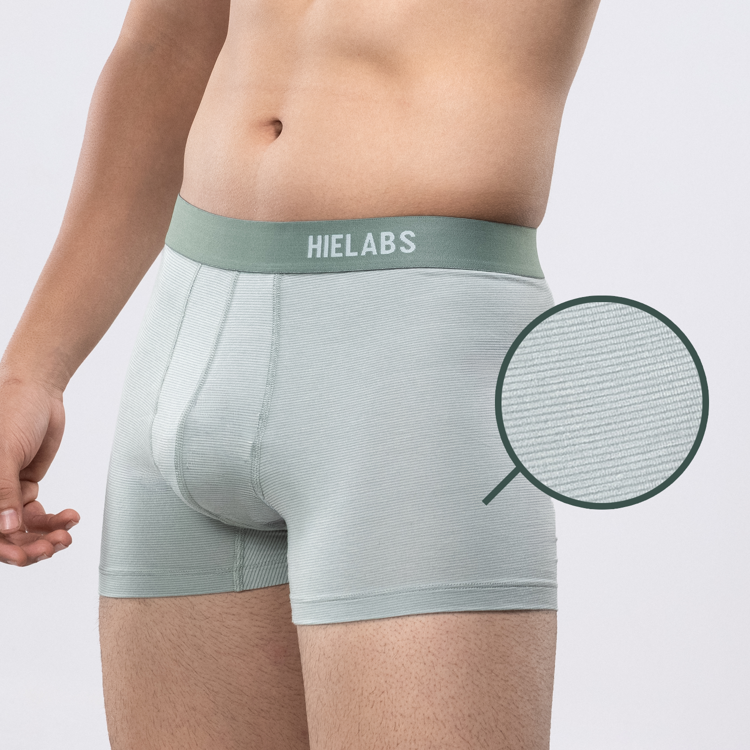 HIELABS Coolism Trunks in sage green feature fine ribbed texture for enhanced breathability and comfort.