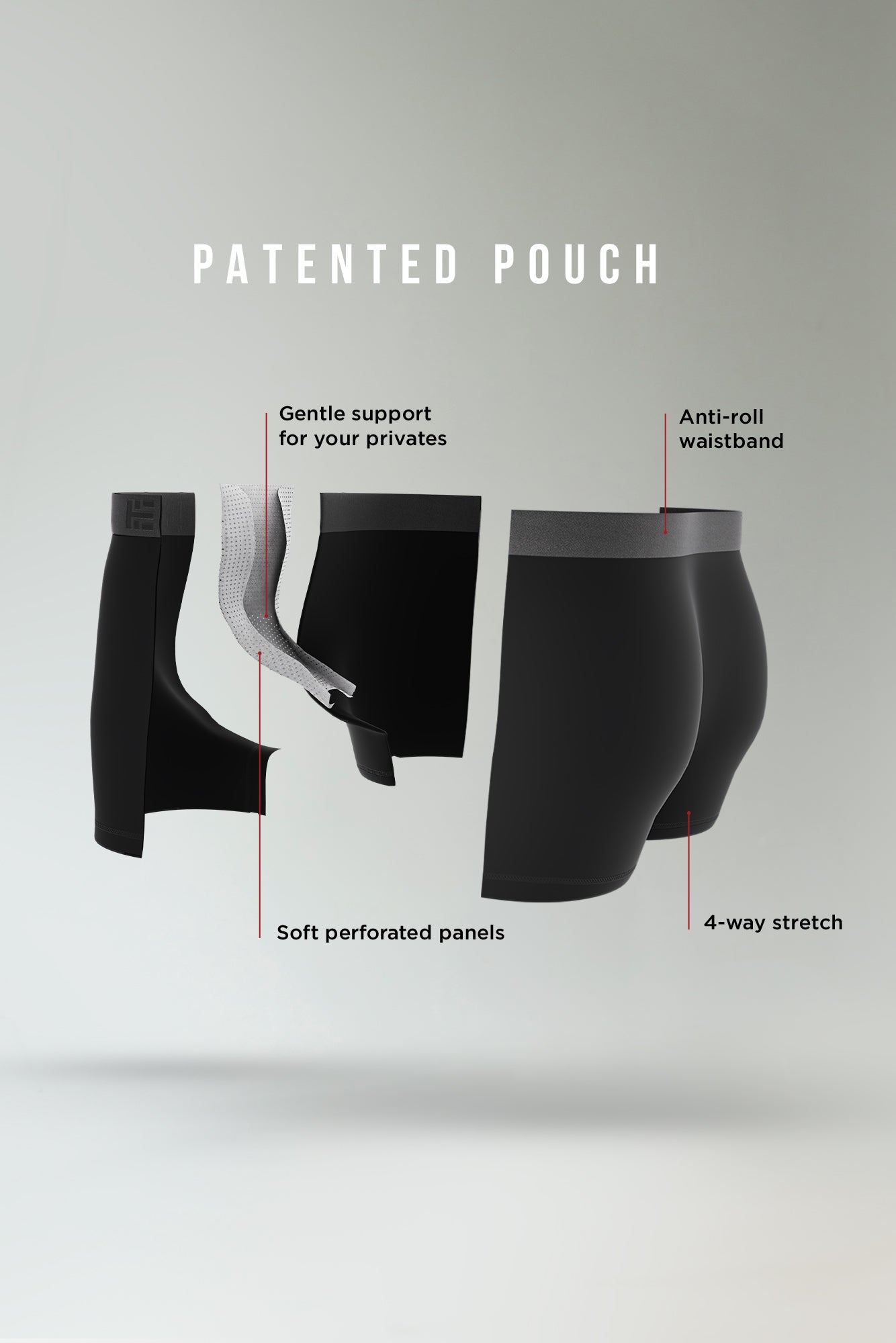 HIELABS Coolism Trunks showcasing patented pouch design with anti-roll waistband