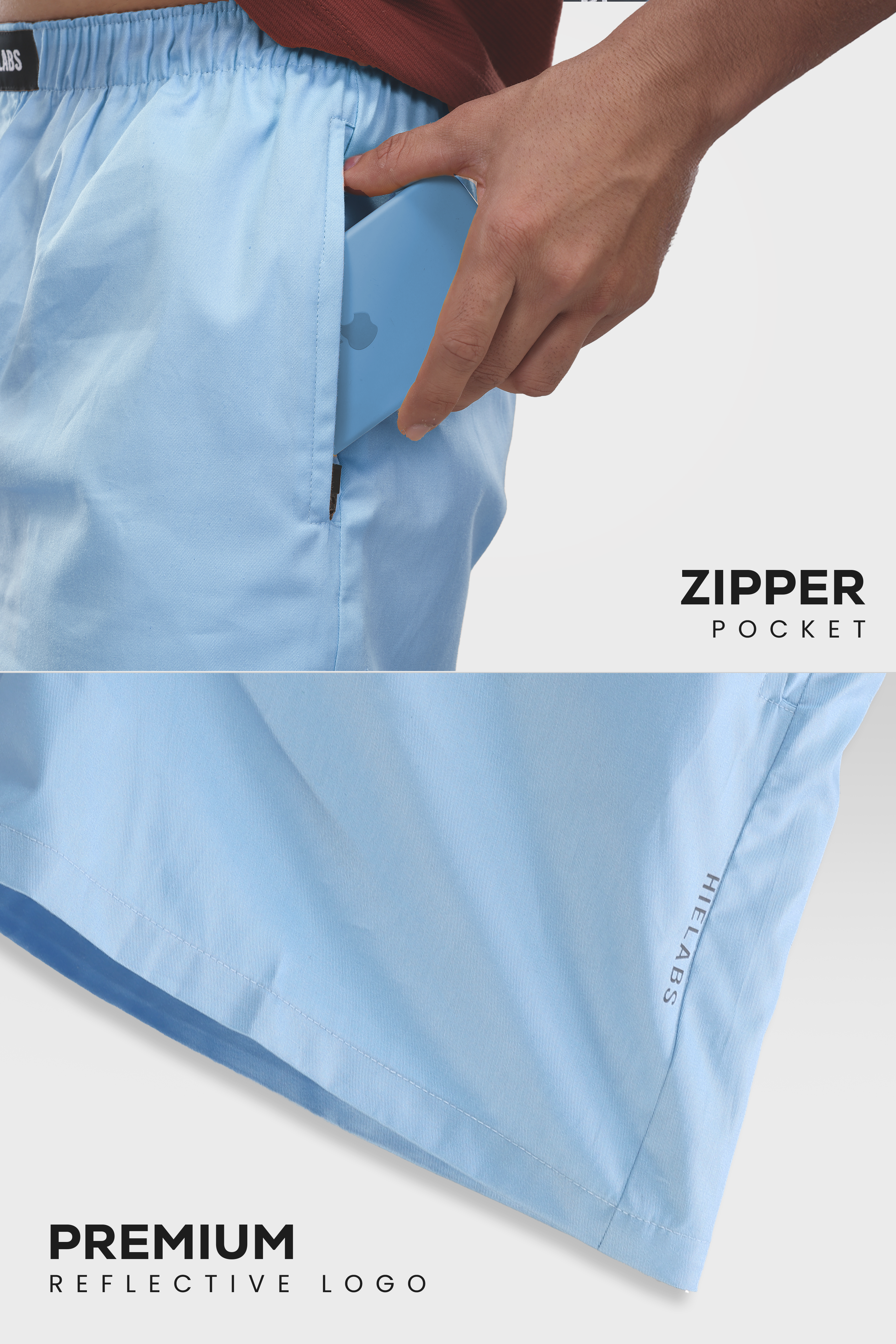Light blue HIELABS boxers with a secure zipper pocket and a visible logo.